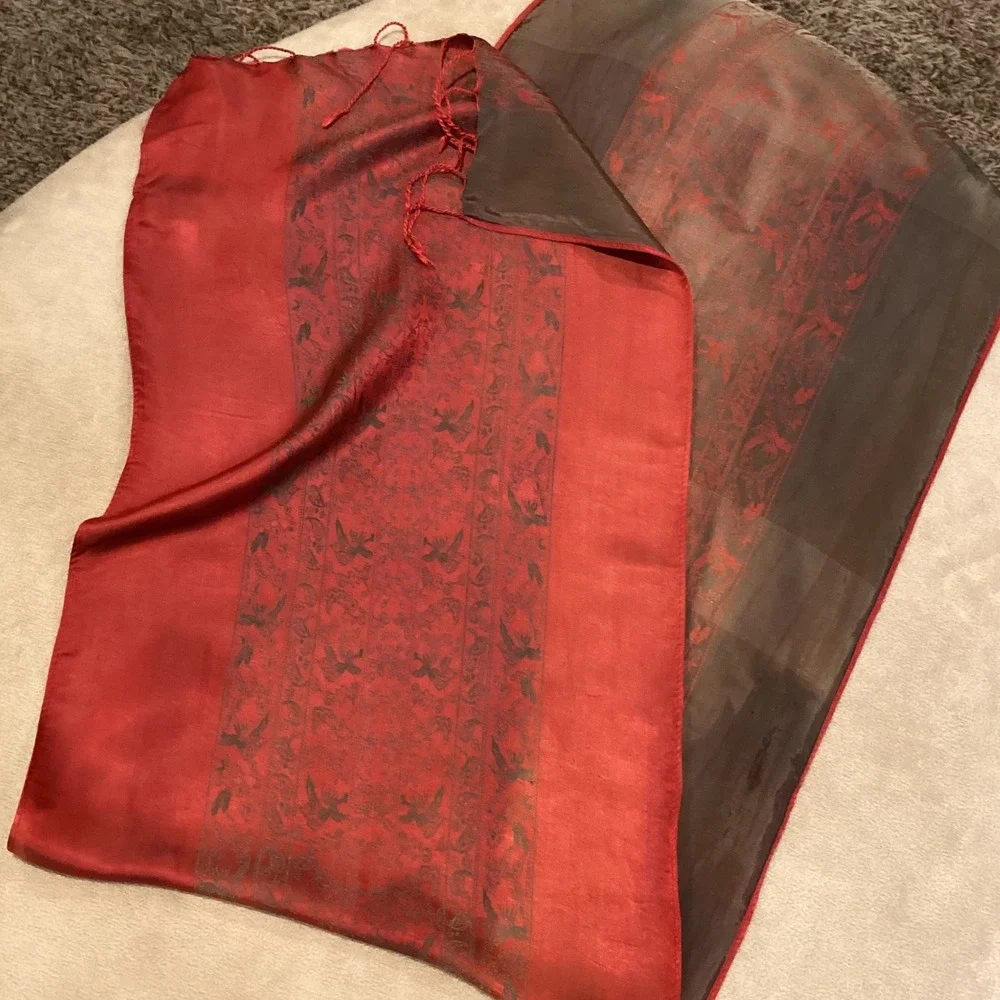 Lua Ha Dong Vintage 100% Silk Scarf, Intricate print of floral/bird, fringe